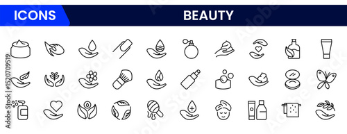  Vector icons showcasing beauty: skincare, makeup, wellness, self-care, elegance, glamour, facial treatments, cosmetics, haircare, and personal grooming essentials.
