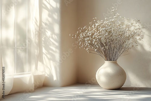 White vase mockup with dried flowers on sunlit windowsill


