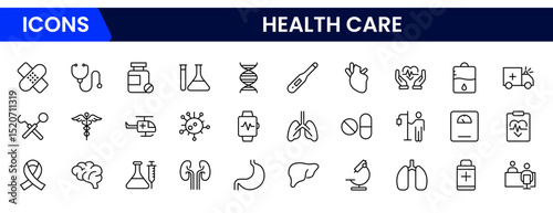 Vector illustration web line icons representing healthcare: medical tools, doctors, hospitals, health monitoring, patient care, wellness, and medical support services.
