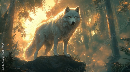 Majestic White Wolf in Golden Forest Sunset