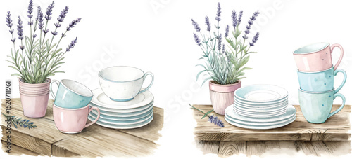 Watercolor Lavender Flowers with Stacked Pastel Dishes on Wooden Table – Vintage Kitchen Clipart Decor Illustration