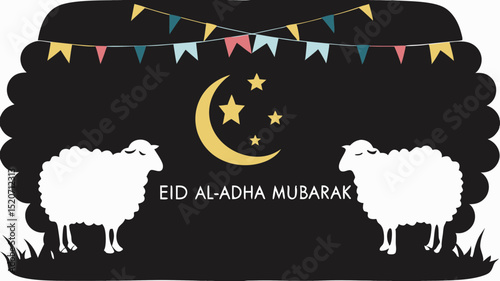 Eid al-Adha Mubarak Greeting with Crescent Moon and Sheep