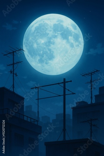 Anime Style Night Rooftop with Full Moon and Antennas Cel Shaded Urban Scene Quiet Blue Cityscape