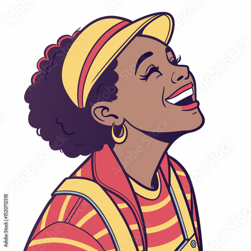 An uplifting illustration of a young Black woman in a visor, laughing heartily and looking upwards with pure joy and optimism