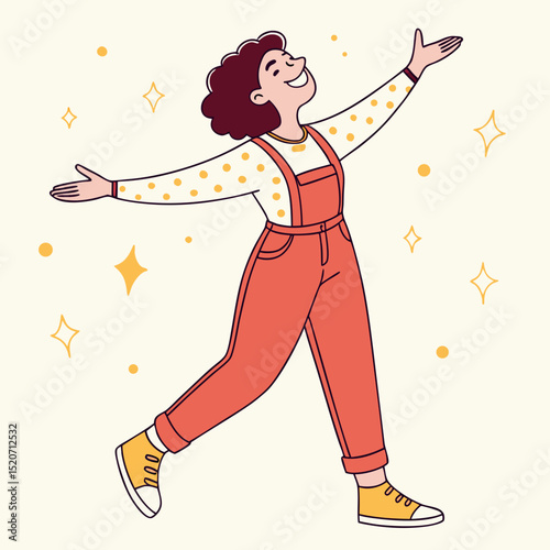 A delightful illustration of a joyful woman in orange overalls with outstretched arms, radiating happiness and positivity amidst sparkling elements.

