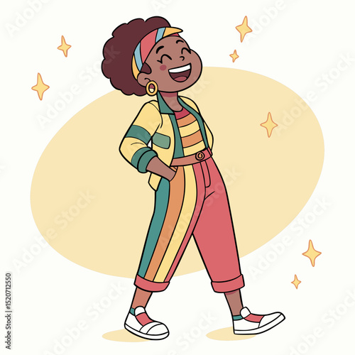 A vibrant and cheerful cartoon illustration of a young girl, possibly Black, beaming with confidence and dressed in colorful, retro-inspired attire