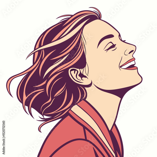 A captivating illustration of a woman with windswept hair, laughing joyfully and looking upwards, conveying happiness, freedom, and positive emotion