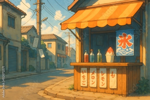 Japanese Summer Street Shaved Ice Stand Nostalgic Anime Style Warm Afternoon Scene with Kakigori and Traditional Paper Signs