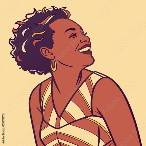 A cheerful illustration of a woman with curly hair, smiling and looking upwards, radiating happiness and positive energy in a warm, inviting palette.

