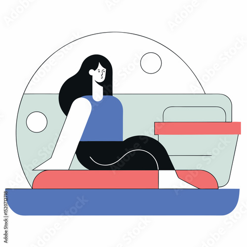 A minimalist and serene illustration of a woman relaxing comfortably on a sofa, embodying calmness, peace, and domestic tranquility.