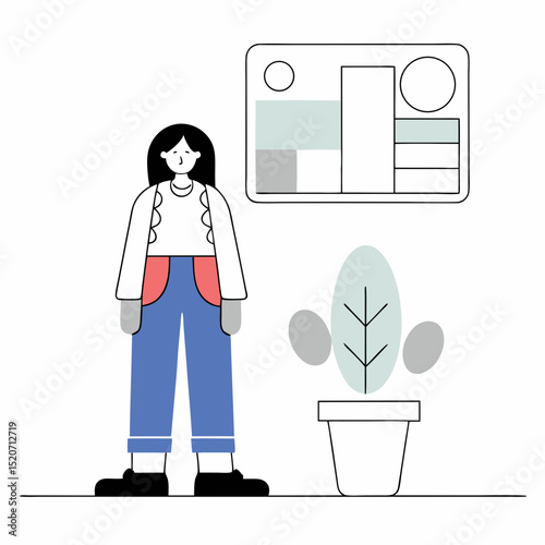 A clean and modern illustration of a person standing next to a potted plant, with a data dashboard or infographic element floating above