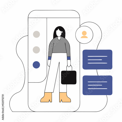 A contemporary illustration depicting a person holding a briefcase within a smartphone interface, symbolizing online business, virtual services, or digital accessibility