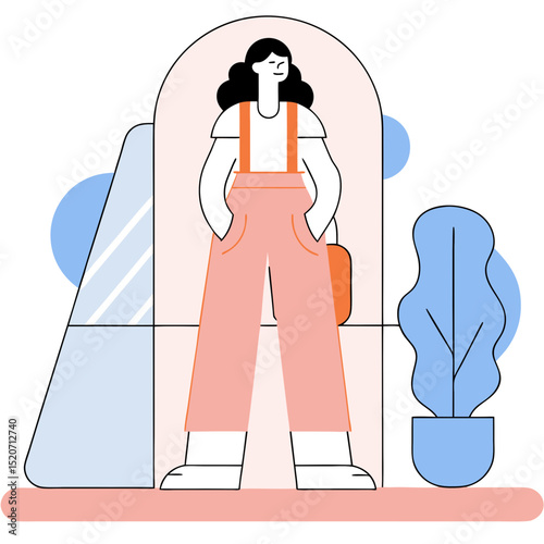 A stylish minimalist illustration of a person standing confidently with hands in pockets, surrounded by abstract shapes and a potted plant, representing modern living or design