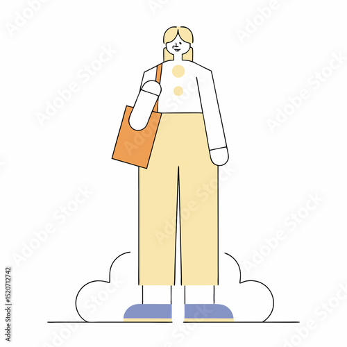A contemporary minimalist illustration of a person carrying a tote bag, standing with a composed expression, symbolizing daily life, shopping, or eco-conscious living