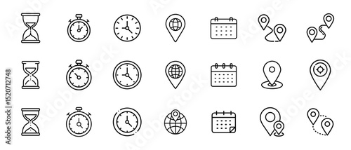 Time, date, and location line icon set. Vector pictograms of hourglass, pin, stopwatch, calendar, clock, GPS, flag, globe, and more