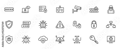Cyber security icon set. Vector line pictograms of firewall, shield, lock, virus protection, data encryption, hacker, network security, and privacy illustration