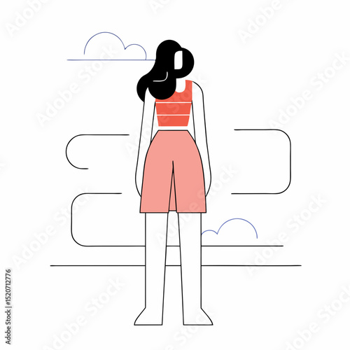A minimalist illustration of a confident woman with long dark hair, wearing a striped top and shorts, standing against an abstract background.