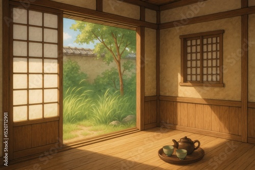Anime Style Japanese Room with Shoji Door Open to Garden Peaceful Interior with Tea Set Natural Light and Wooden Floor Tranquil Traditional Zen Home Scene