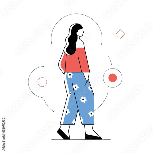 A chic minimalist illustration of a woman with long dark hair, wearing a stylish off-shoulder top and floral pants, walking confidently amidst abstract shapes