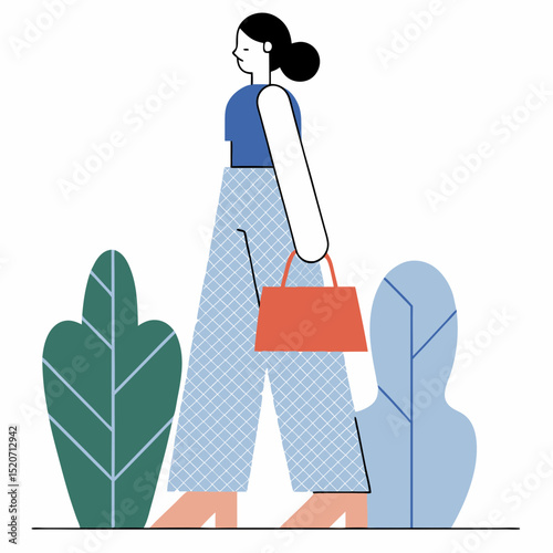 A minimalist illustration of a fashionable woman with a handbag, walking confidently amidst stylized natural elements, perfect for modern urban themes