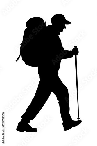Silhouette of a hiker with a backpack and poles
