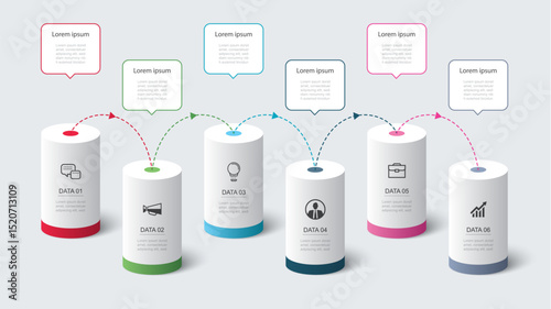 Infographics cylinder timeline with 6 number data template. Illustration business abstract background.