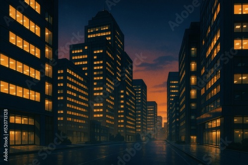 Retro Anime Style Cityscape at Dusk with Office Buildings and Glowing Windows in Business District