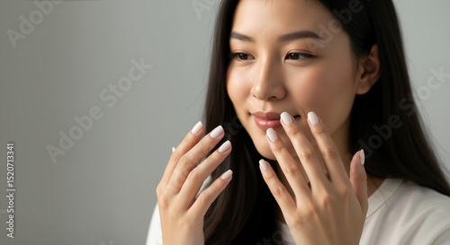 Asian woman with white nail polish touching lips showing manicure. Beauty nail care salon service cosmetic treatment hand wellness finger polish gel lacquer