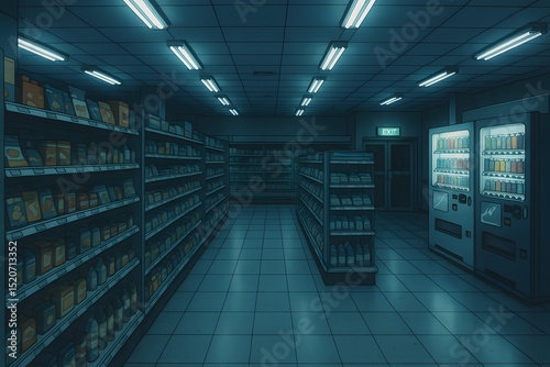 Anime Style Empty Supermarket Aisle at Night with Fluorescent Lights and Vending Machines