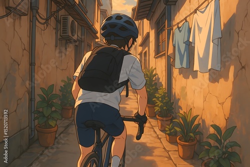 Anime Cyclist Riding Through Peaceful Urban Alley at Sunset - Warm Evening Light, Potted Plants, Hanging Laundry