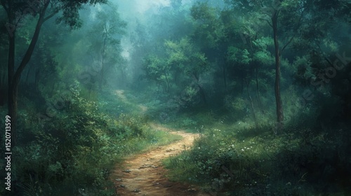 Mysterious Forest Path Shrouded in Fog