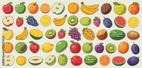 Assorted Fresh Fruits Collection Colorful Illustration
