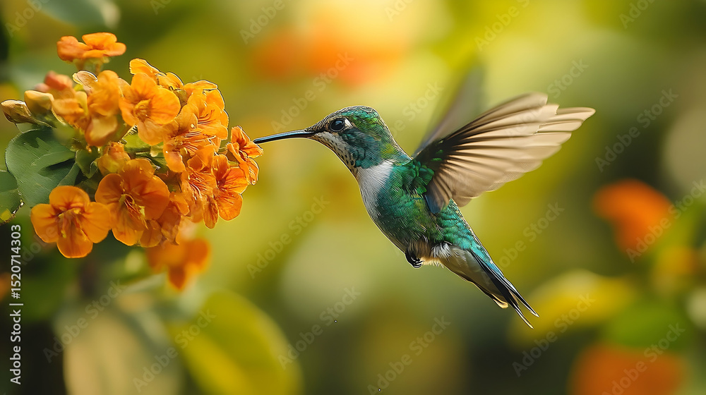 Fototapeta premium Vibrant hummingbird feeding on bright orange flowers.