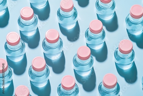 Repeating pattern of small, clear bottles with light pink caps on a light blue background, casting shadows