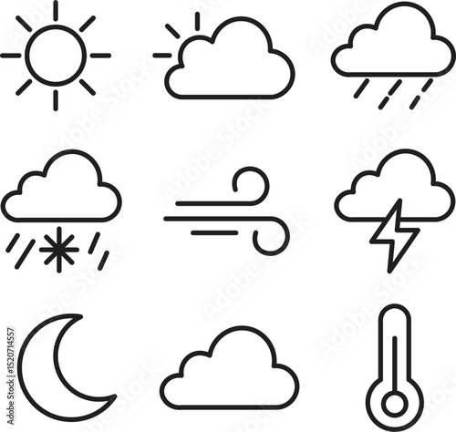 Minimal Weather Icons Set – Black and White Line Vector Symbols