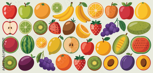 Assorted Fresh Fruits Collection Flat Lay Illustration