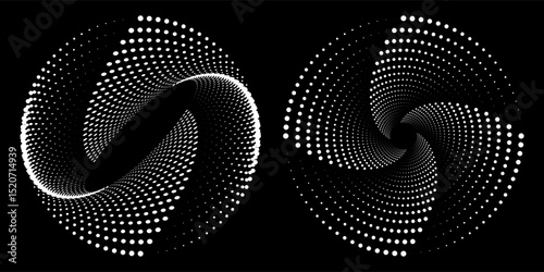 Halftone circular dotted frames set. Circle dots texture isolated on white background. Spotted spray texture. Vector abstract design element spiral circle sound wave vector logo modern black and white