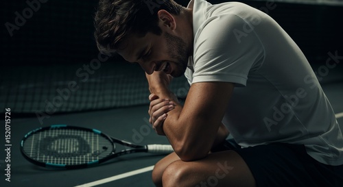 tennis elbow. A male tennis player seated on the court expresses disappointment and pain, holding his arm after a possible injury during a challenging match at an indoor facility.
