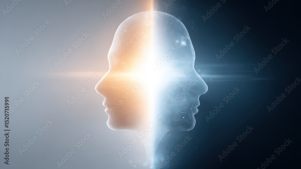 Abstract human silhouette split in two, one side glowing humble light, the other dark pride aura, symbolizing ego control Abstract human silhouette split in two, one side glowing humble light, the other dark pride aura, symbolizing ego control