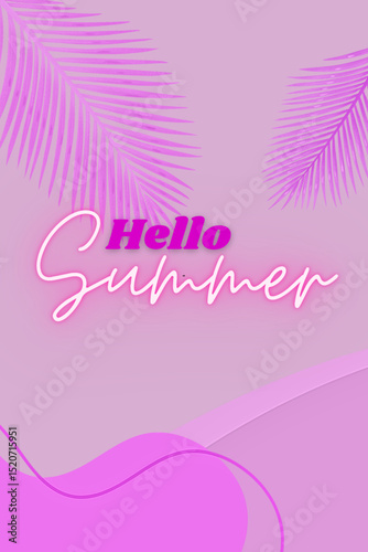 Summer tropical background. Coconut leaves on pink background. Summertime creative design for poster and card. Vector illustration. ( original illustration, not AI-generated ).