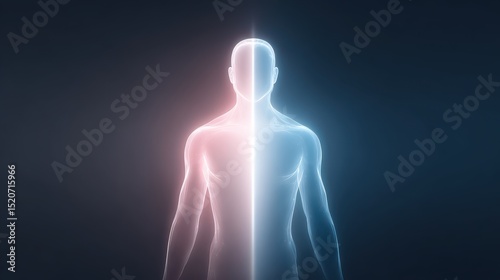Abstract human silhouette split in two, one side glowing humble light, the other dark pride aura, symbolizing ego control