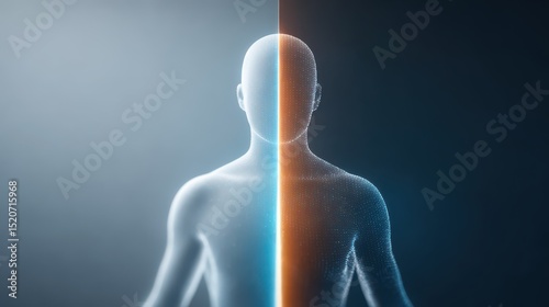 Abstract human silhouette split in two, one side glowing humble light, the other dark pride aura, symbolizing ego control