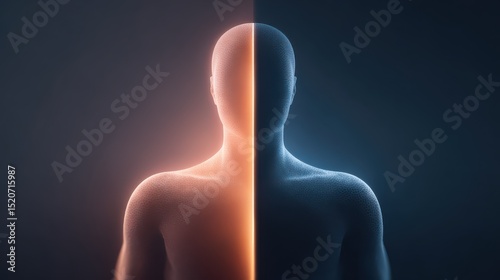 Abstract human silhouette split in two, one side glowing humble light, the other dark pride aura, symbolizing ego control