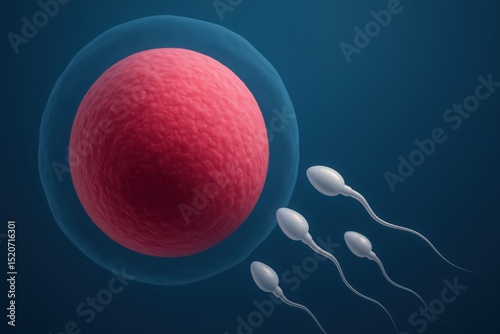 Artistic 3d rendering of human ovum and sperm cells depicting the process of fertilization and human reproduction.