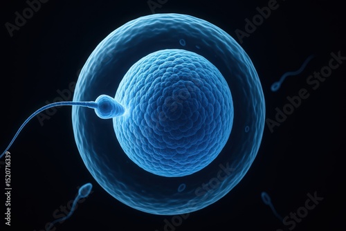 Artistic rendering of human fertilization depicting sperm entering the egg cell representing biological processes and scientific concepts