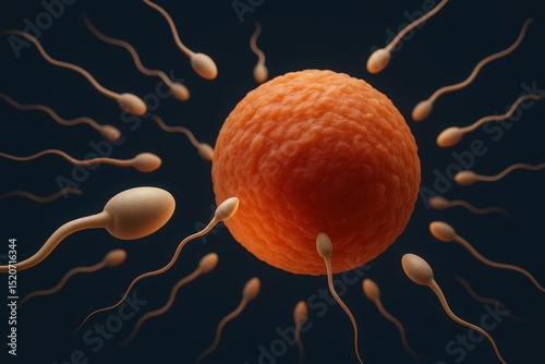 Illustration depicting the fertilization process with sperm cells surrounding an egg cell against a dark background highlighting human biology.