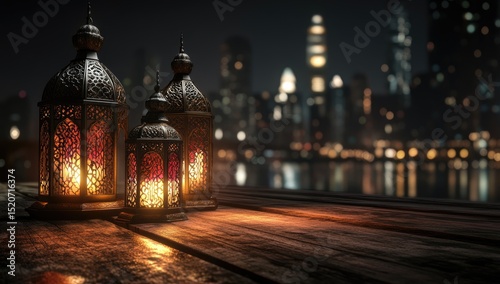 Ornate metal lanterns glow warmly on a rustic wooden surface, overlooking a glittering cityscape at night