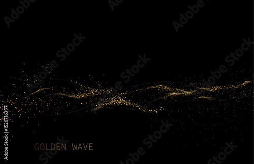 Shiny isolated design element, exquisite golden waves on black background.