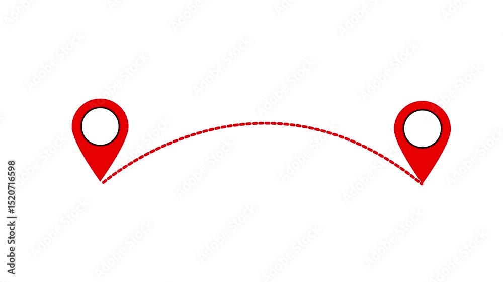 Animated red location markers with dashed line connecting points illustrating directional route and destination