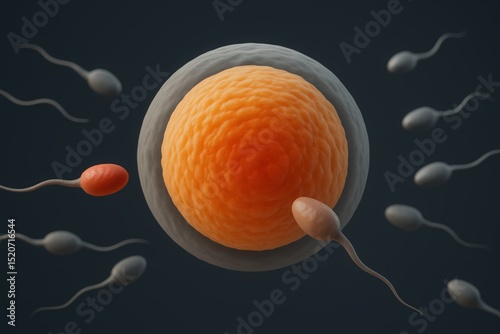Microscopic illustration of egg cell with sperm cells fertilizing for conception in biology or medicine.